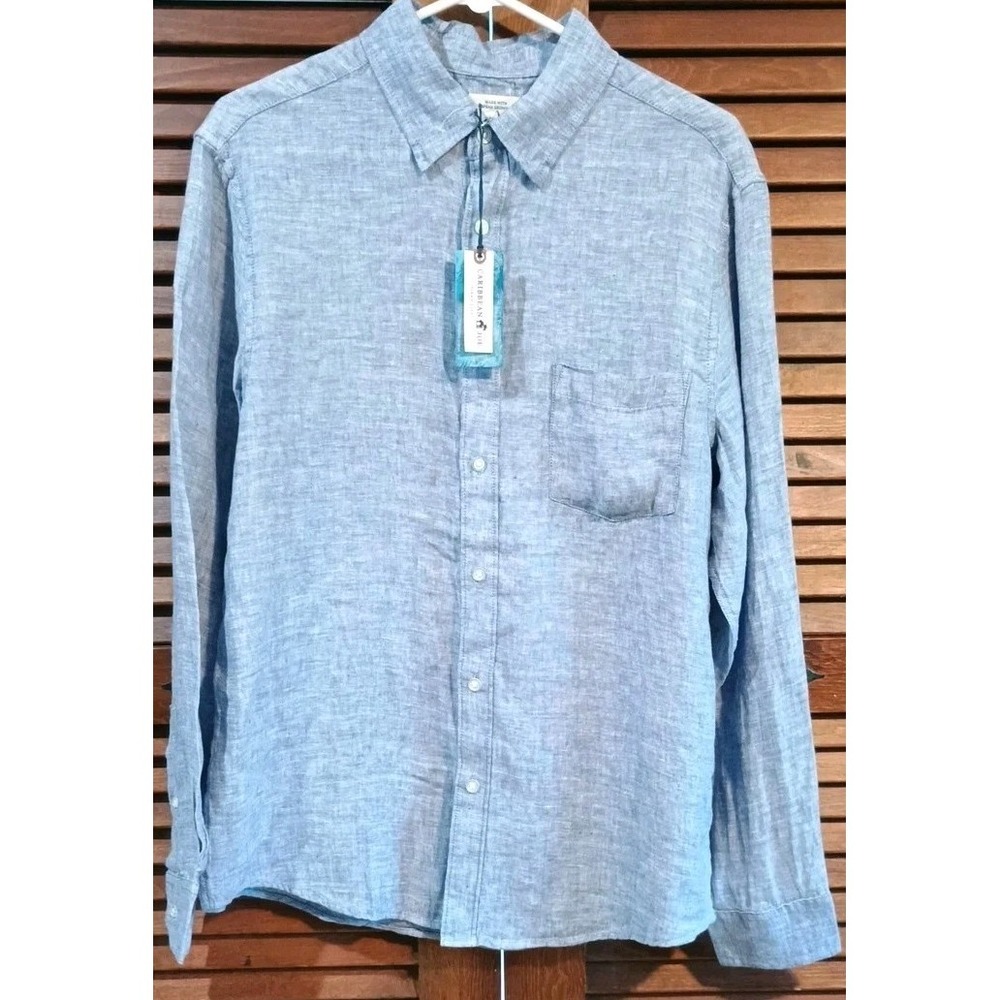 Caribbean Joe Shirt Adult Medium Blue Long Sleeve 100%‎ Linen Nautical Coastal